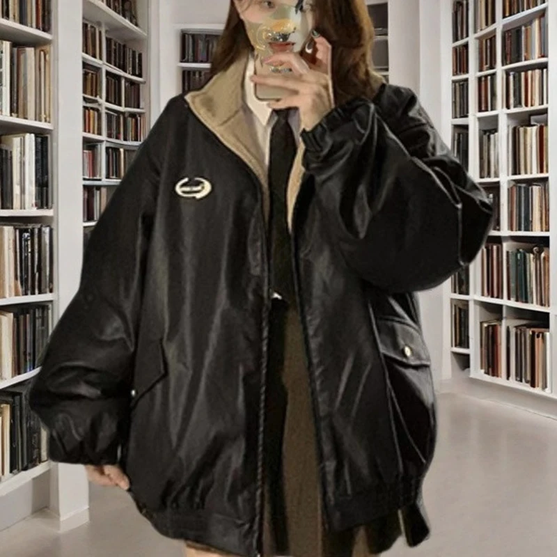 Reversible Brown Women Pu Jacket Sherpa Lined Coat Zip Up Fleece Oversized Retro Moto Streetwear Y2K Winter Outerwear Top