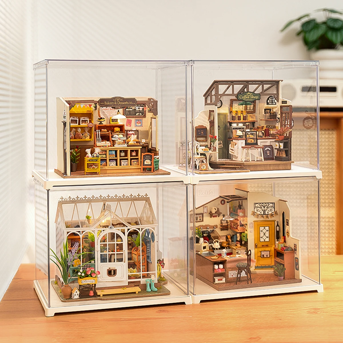 Robotime Rolife Dust Cover Stackable Acrylic Display Case with Door Dustproof Prevention for Miniature House Building Sets