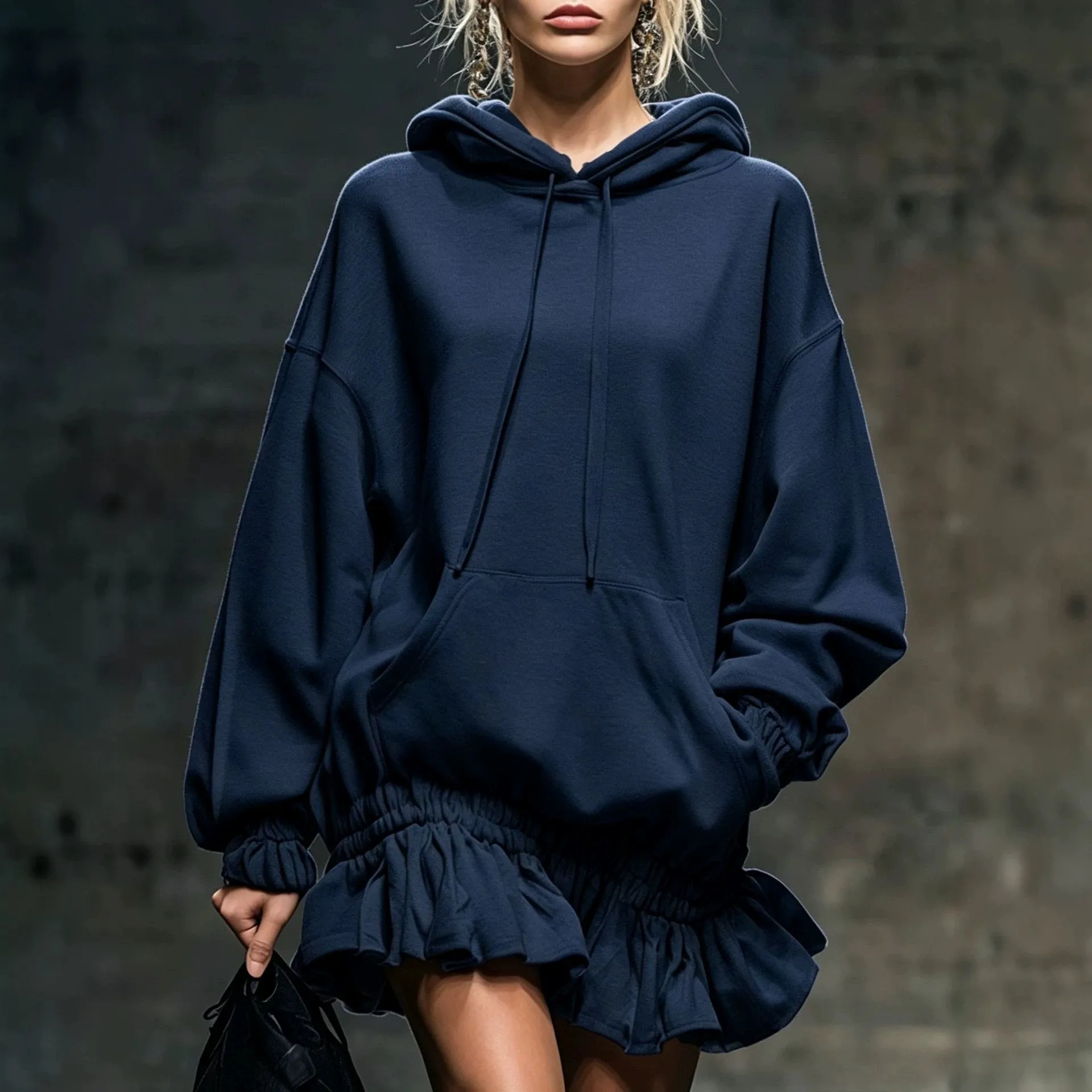 Hooded Pullover Skirt Sweatshirt Dress with Drawstring Loose Fit Mini Length Sporty One Regular Sleeve Women Casual Dresses