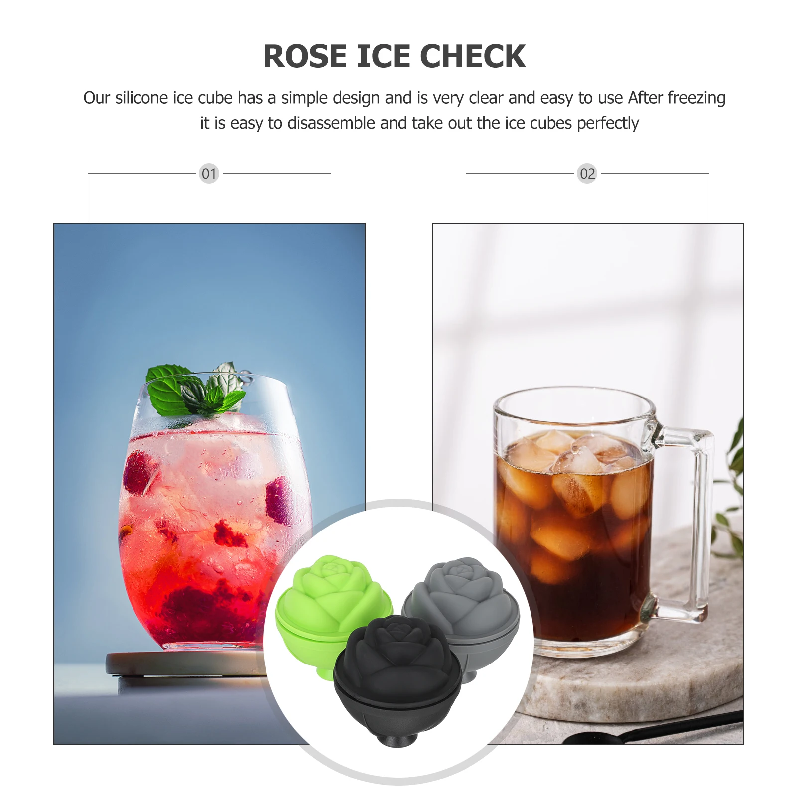 

3pcs Silicone Ice Cube Tray Mold for Whiskey Decorative Rose Shaped Balls Chill Drinks Non Stick Flower Form Molds Kitchen Bar