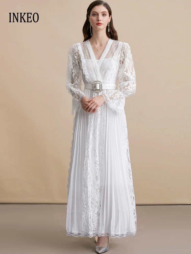 럭셔리 비치 브이넥 레이스 패치워크 드레스 여성용 2026 봄 여름 화이트 플리츠 시스루 미디 드레스 벨트 포함 INKEO 5D263