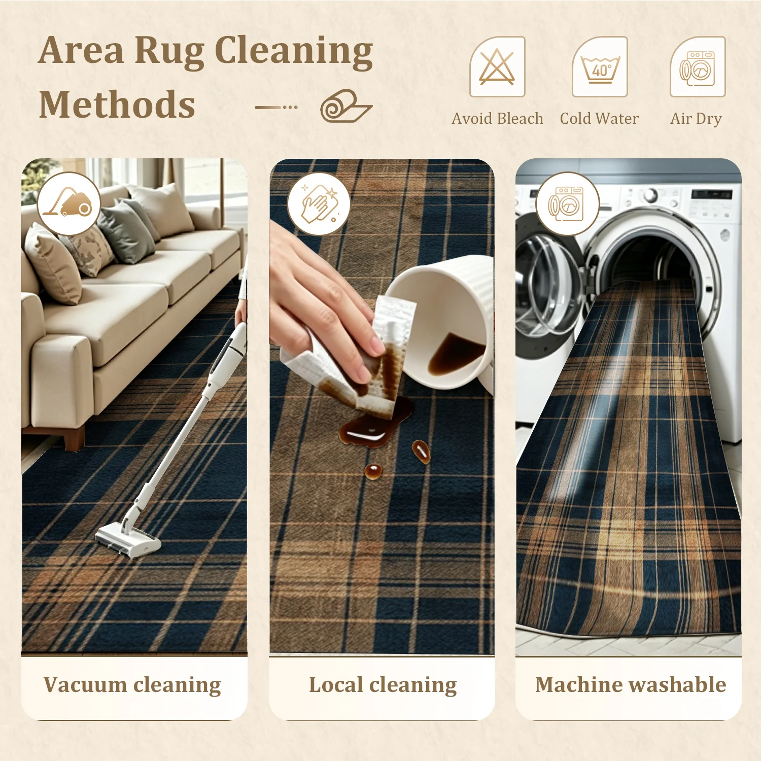 Large Indoor Area Rug, Soft Velvet Low Pile Non-slip Dotted Backing, Machine Washable Vintage Plaid Floor Rug for Living Room, Bedroom, Entryway – Navy & Tan Checkered Decor Rug - view 8