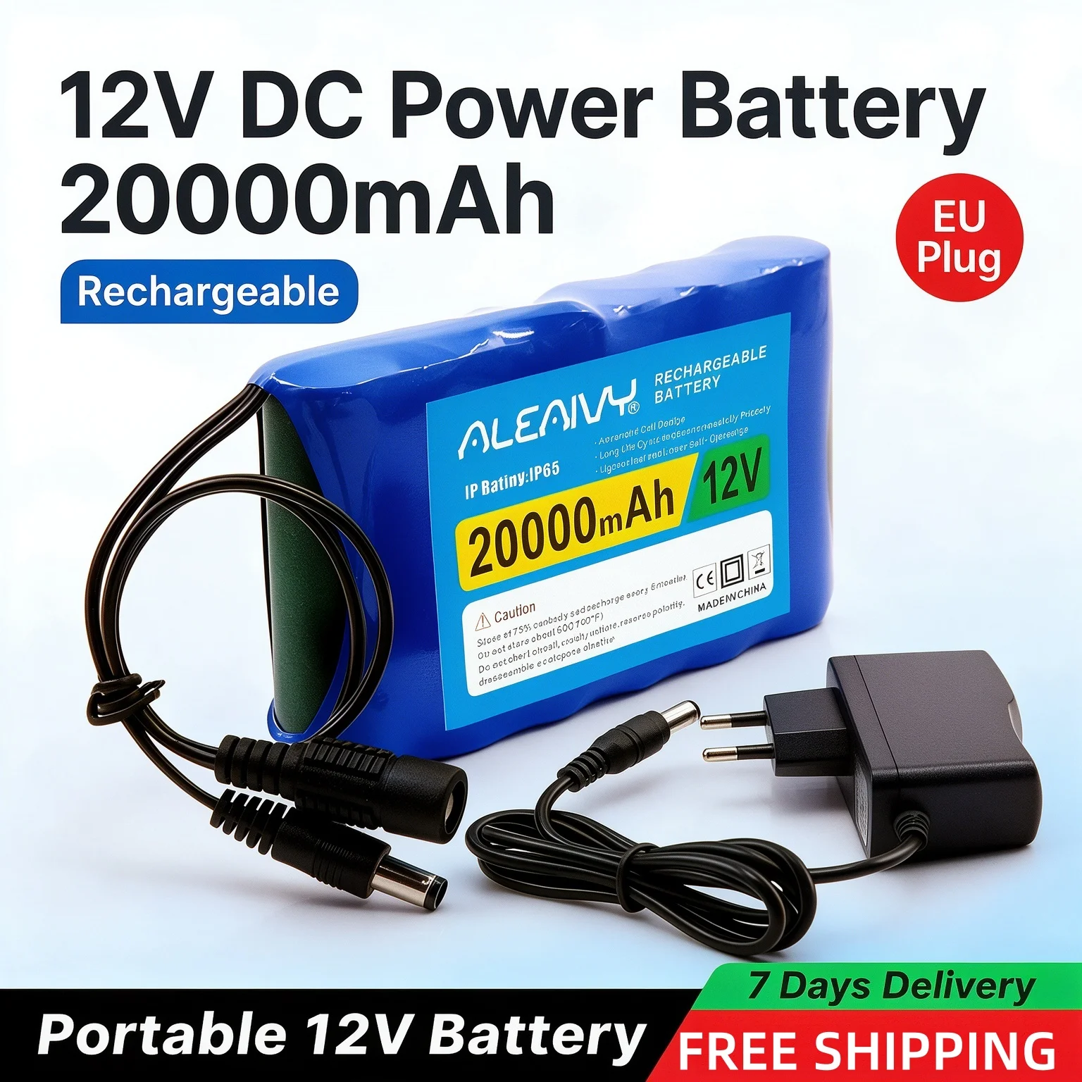 Batteria ricaricabile agli ioni di litio da 12V 20000mAh, uscita DC 12,6V, protezione integrata, alimentatore per telecamera di sorveglianza, monitor e caricabatterie.