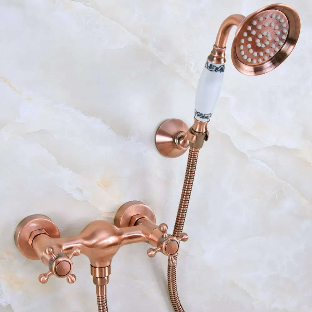

Antique Red Copper Wall Mount Bathtub Faucet with Handheld Shower Set +1.5M Hose Mixer Tap 2na296