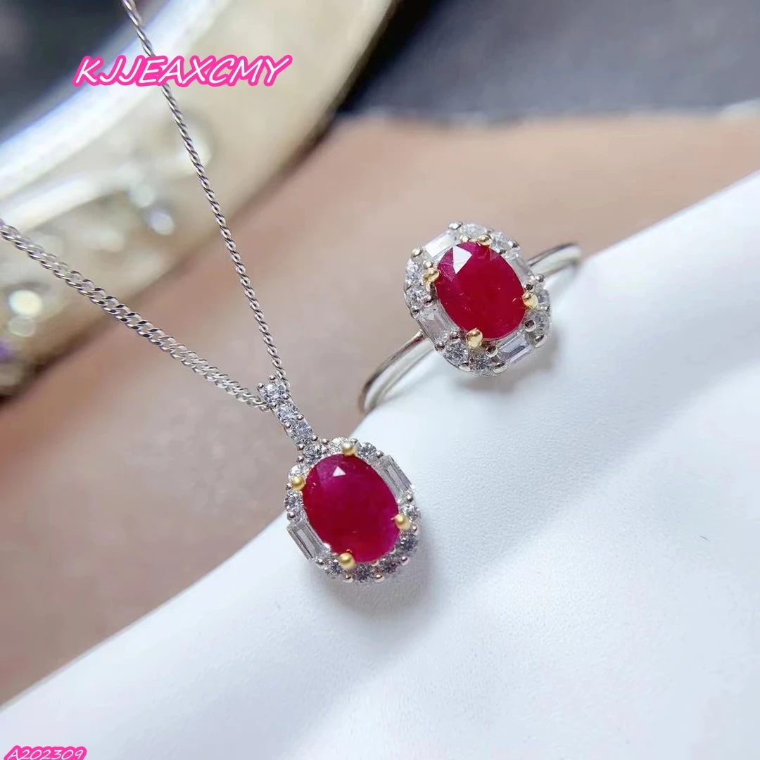 

KJJEAXCMY Brand Boutique Jewelry 925 Sterling Silver Natural Ruby Women's Ring Necklace Pendant Three Piece Set Girl Birthday