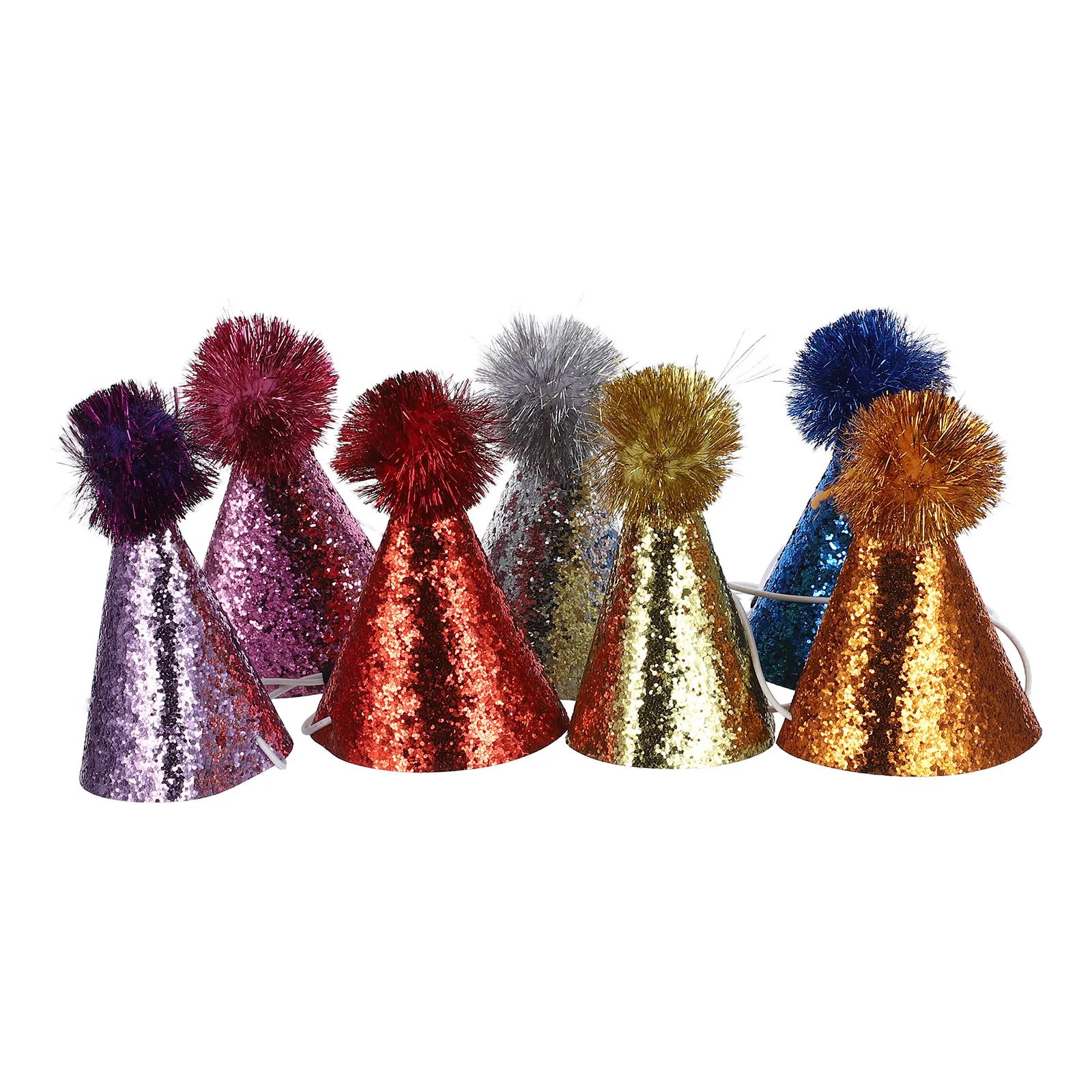 

7Pcs Party Hats Colorful Glitter Cone Birthday Caps Pompom Kids Party Headwear Baby Animal Celebration Decorations