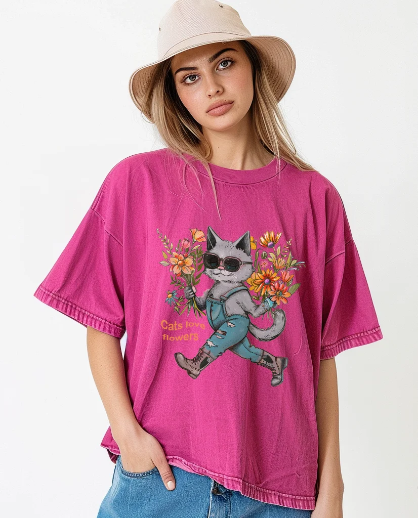 All-cotton short-sleeved top suitable for men and women summer American wash fashion brand loose cat pattern T-shirt