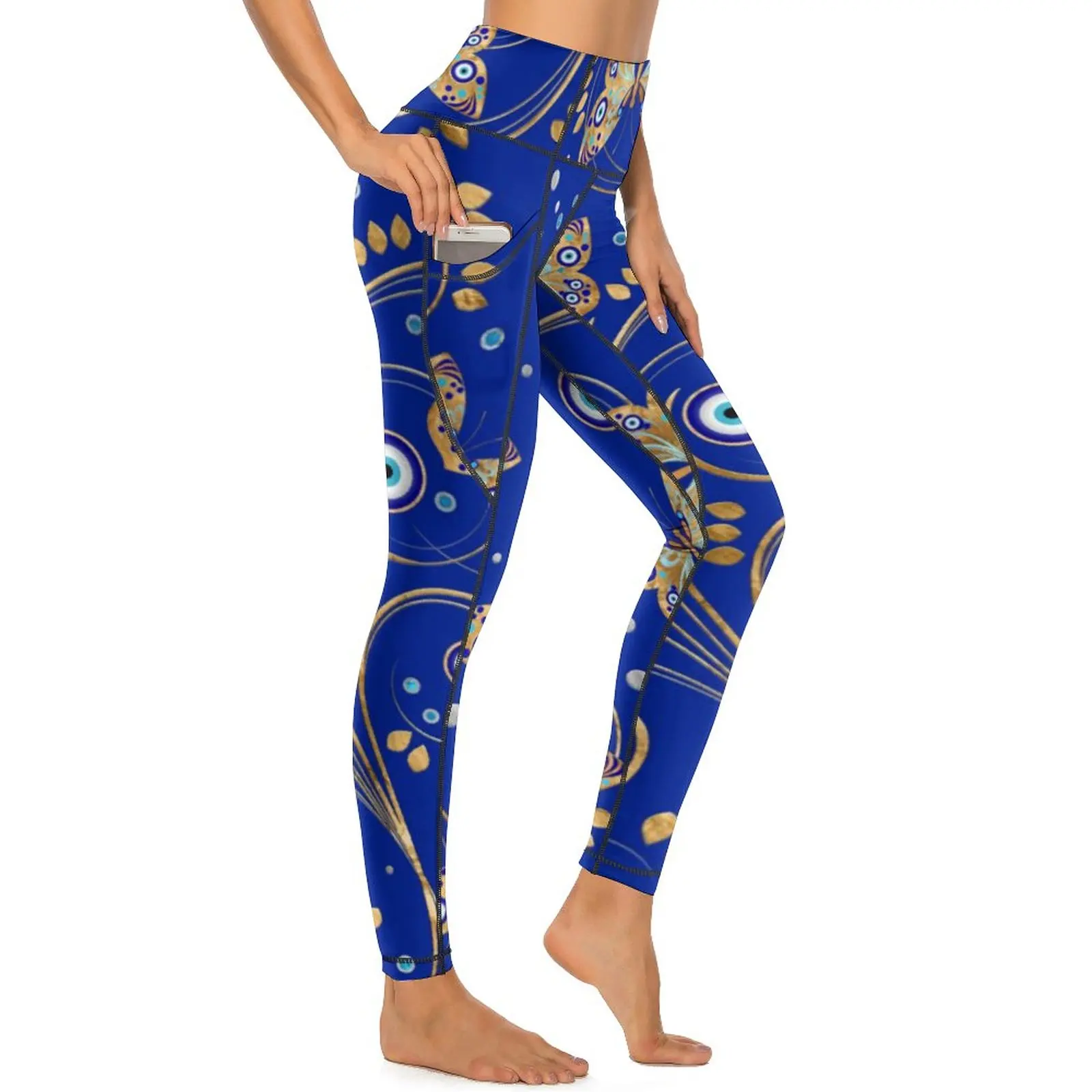 Abstract Evil Eye Yoga Pants Pockets Golden Butterfly Leggings Sexy High Waist Casual Yoga Sports Tights