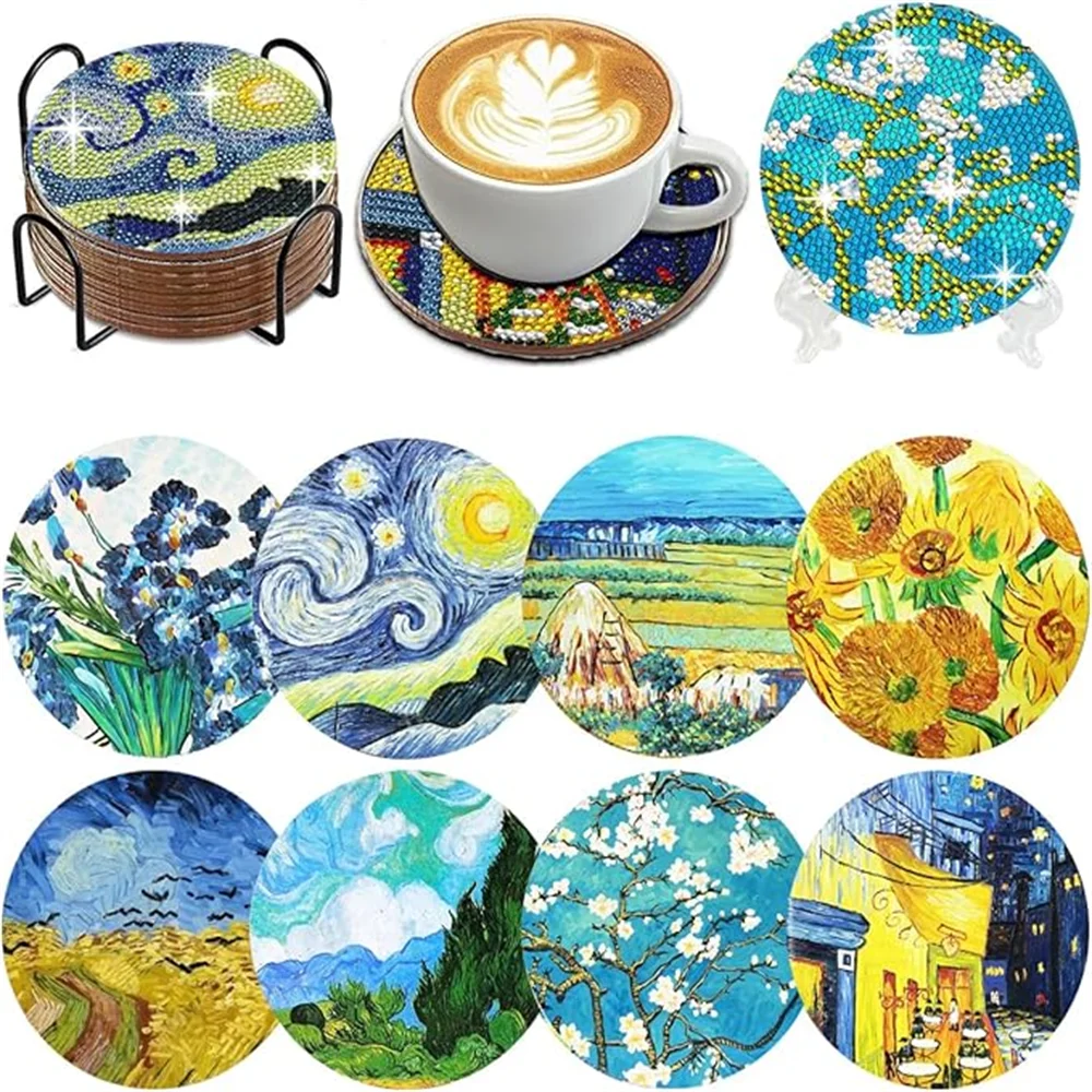 8-delige ronde Diamond Painting Coaster Set - DIY Van Gogh Star Moonlit Creative Coaster met beugel, sprankelende Diamond Art Craf