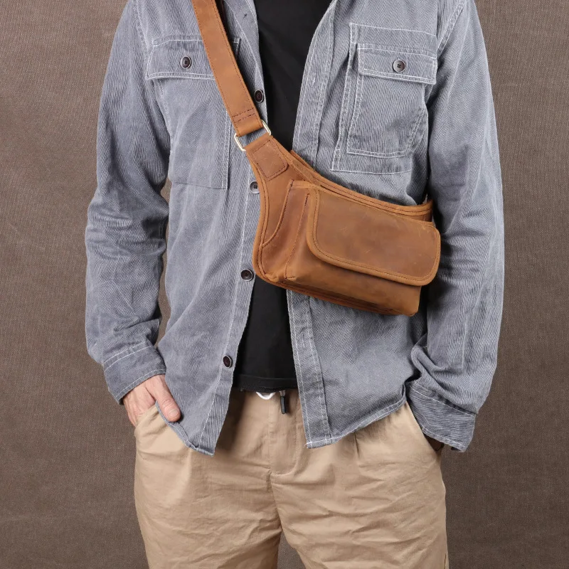 

Men's sports Fanny pack multifunctional outdoor cowhide crossbody riding crazy horse leather mobile phone storage chest bag