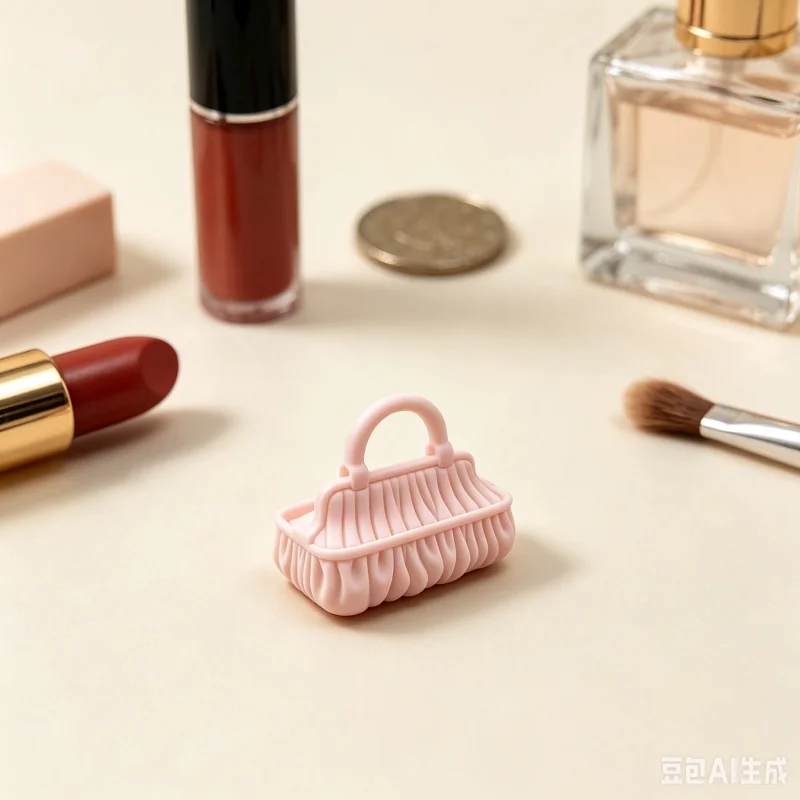 3D Printed Pink Pleated Handbag Shape Basket Skincare Organizer Makeup Holder Minimalist Vanity Desktop Small Accessories Decor