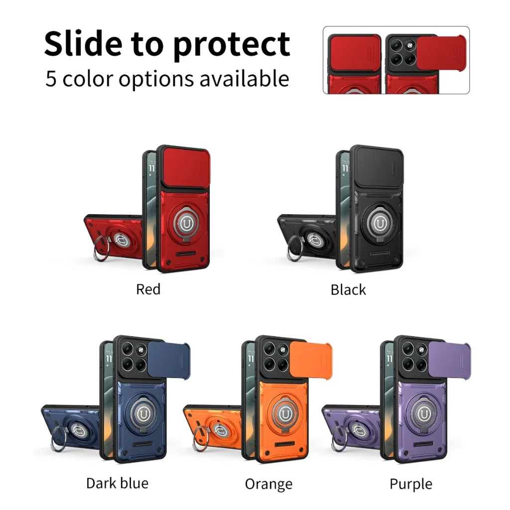 360° Ring Kickstand Phone Case W/ Slide Camera Cover For Motorola Moto X70 Air Edge 50 60 Pro 70 Fusion G86 G85 E15 G15 Power