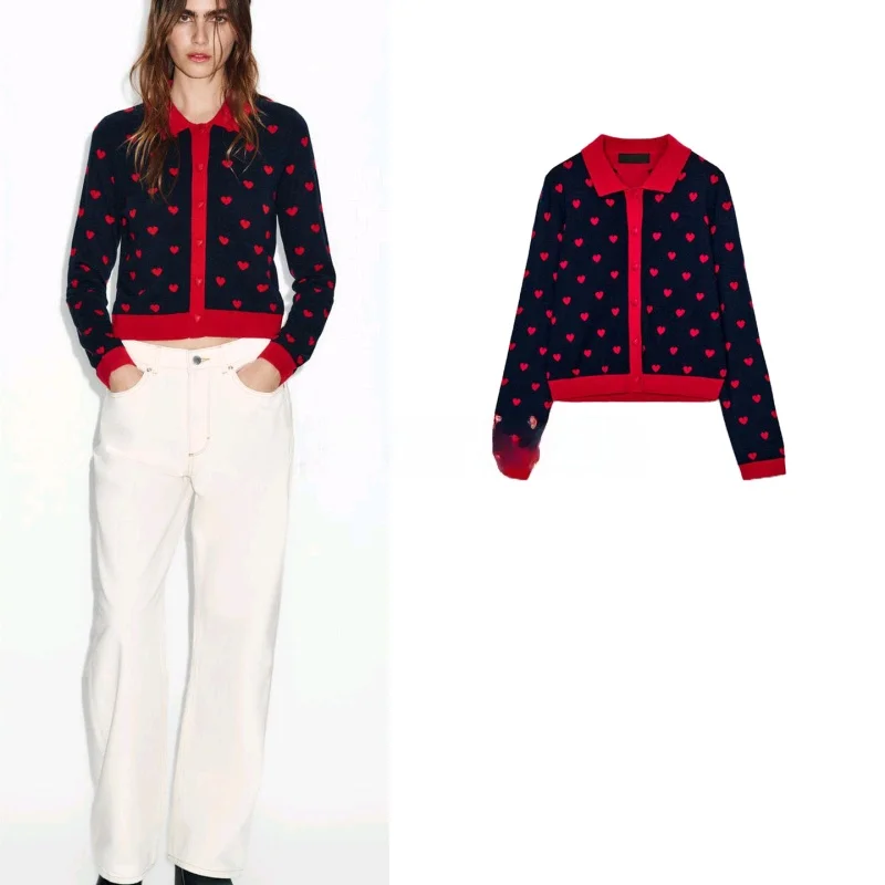 

Весенняя новинка: Женский вязаный жакет свободного кроя с отложным воротником, на одной пуговице, с узором в виде сердец, повседневный, с длинными рукавами