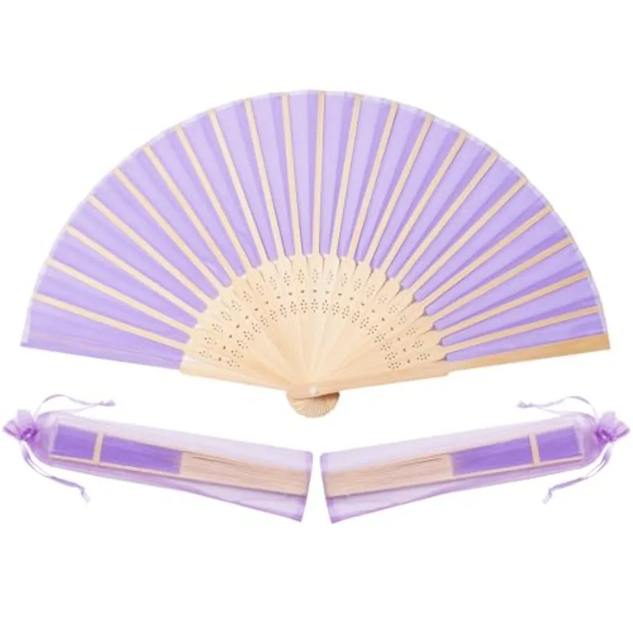 

50pcs Imitated Silk Fabric Bamboo Folded Hand Fan Bridal Dancing Props Church Wedding party favors with Organza Bags
