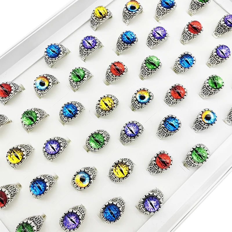 20pcs/Lot Wholesale Vintage Carved Big Evil Eye Finger Rings for Women Men Hot Rock Blue Purple Red Large Eyes Ball Wide Jewelry