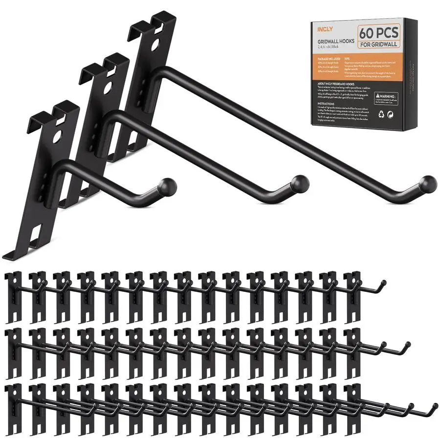 

2 4 6 Inch Gridwall Hooks, 60 Pack Heavy Duty Black Display Hooks for Grid Wall Panels, Grid Wall Accessory for Storage Display