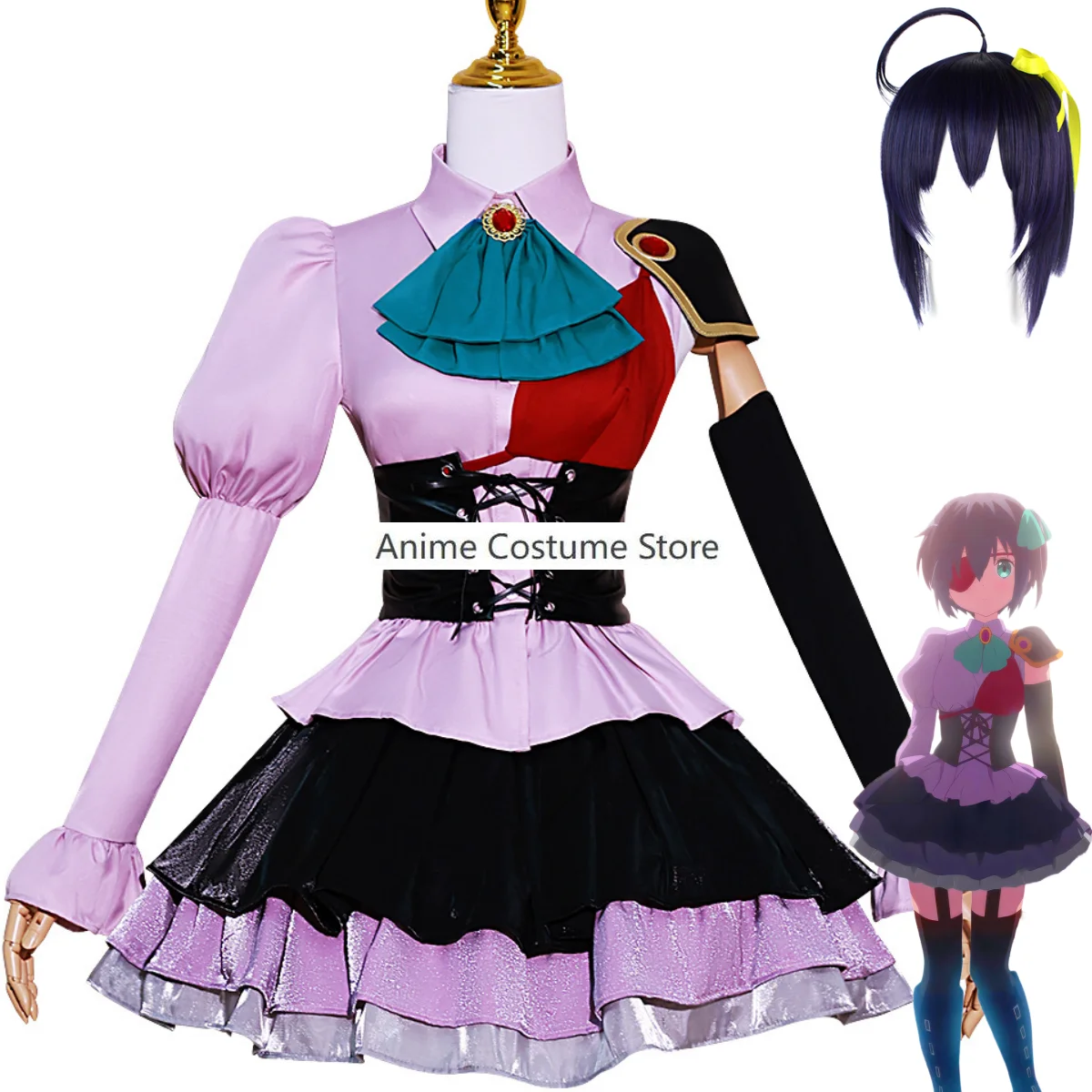 Takanashi Rikka Cosplay Costume Wig para Mulheres, Vestido Gótico Lolita, Anime Love, Chunibyo e Outros Delírios, Festival Escolar, Kawaii