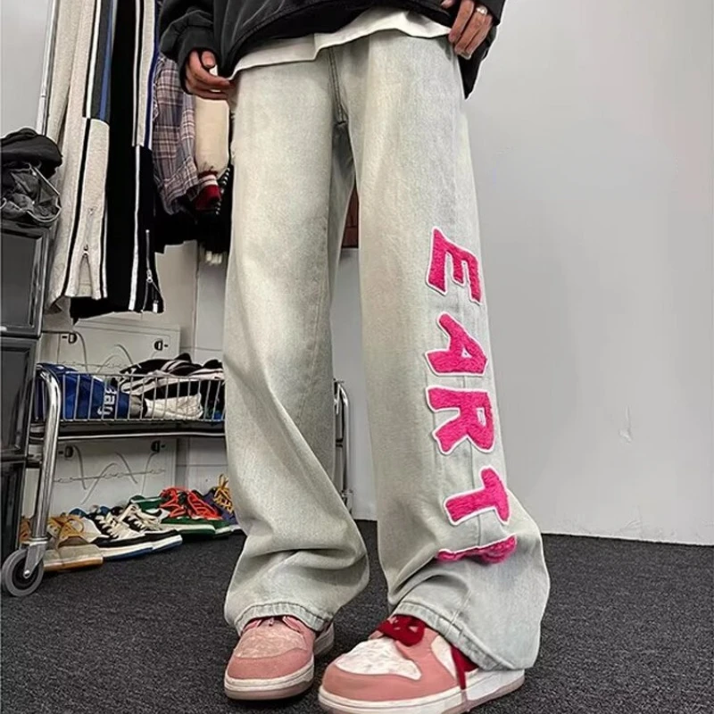 American Vintage Flocked Letter Jeans Men's Spring New Loose Full Length Casual Straight Denim Pants High Street Trousers Male