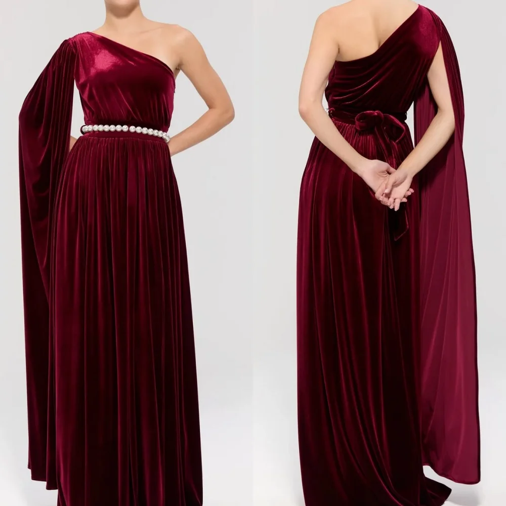 Customized Exquisite Velour Pearl Sash Draped A-line One-shoulder Long Dresses Bespoke Occasion Dresses High Quality Fashion