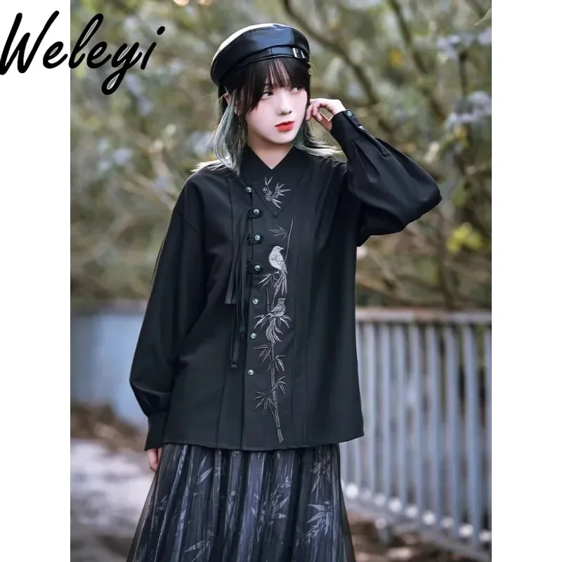 Grunge Clothes Gothic Women Shirt 2024 New Chinese Style Women's Embroidery Black Long Sleeve Blouse Diagonal Placket Top Female