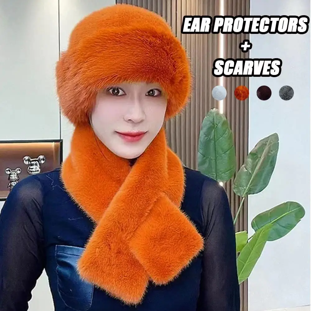 2 قطعة/المجموعة الشتاء فرو الأرنب الصناعي الرقبة أدفأ الكورية قبعة بحافة بلون أفخم صياد قبعة دافئة رشاقته عبر طوق وشاح #3