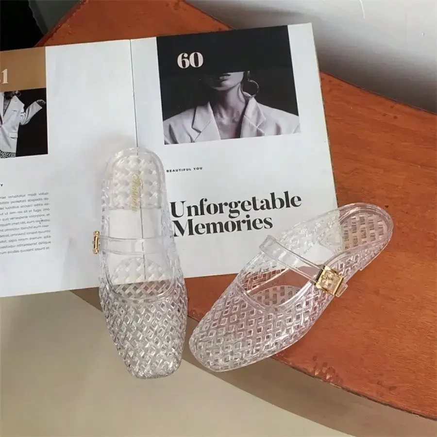 

Baotou Flat Bottom Half Drag Sandals Women's Summer New Hollow Fashion Transparent Single Shoes Casual Wear Women's Cool Slippers