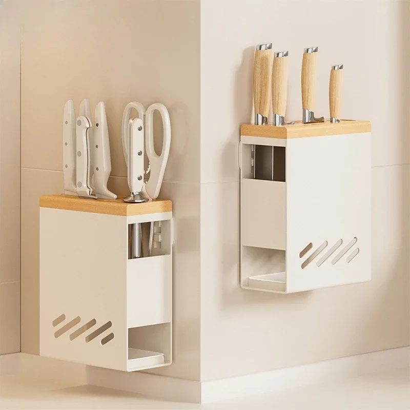 Beech Light Luxury Kitchen Knife Rack Shelf Wall Mounted Vegetable Knife Rack Cream Style Knife Organizer