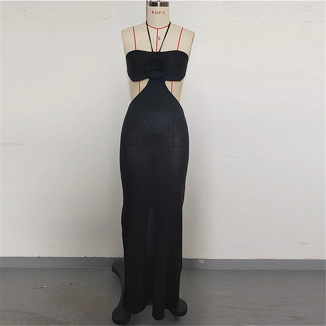 3D-Blumen-Halterneck-Strickkleid mit offenem Rücken, Strandkleid, Strandmode, Strandüberwurf, Damen V6852 – Detail 16