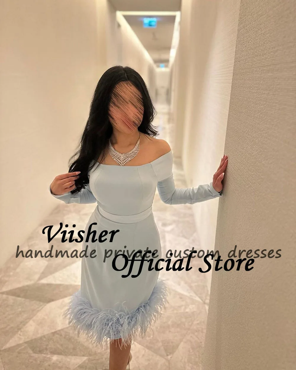 Viisher-Vestidos de Noche de sirena azul cielo, manga 3/4, plumas, satén, Dubai, fiesta de graduación, hasta la rodilla, vestidos de noche formales