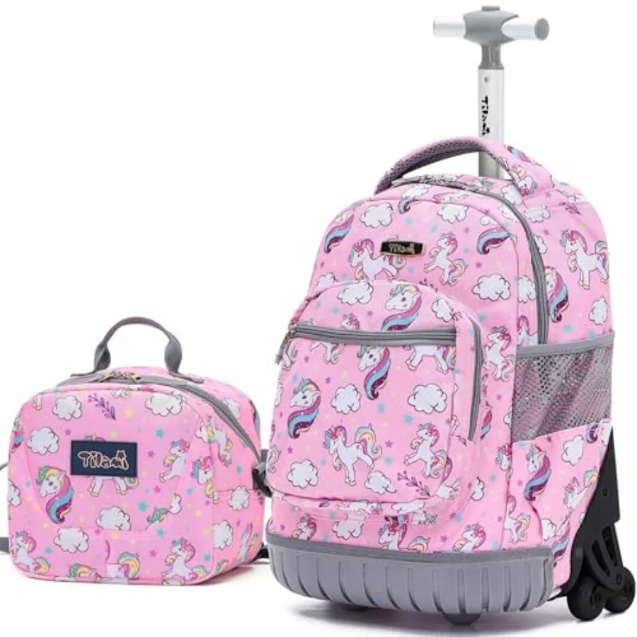 

16 Inch Rolling Backpack with Lunch Bag for Adjustable Handle Carry-on Suitcase Wheels for Girls Boys School Travel Camping