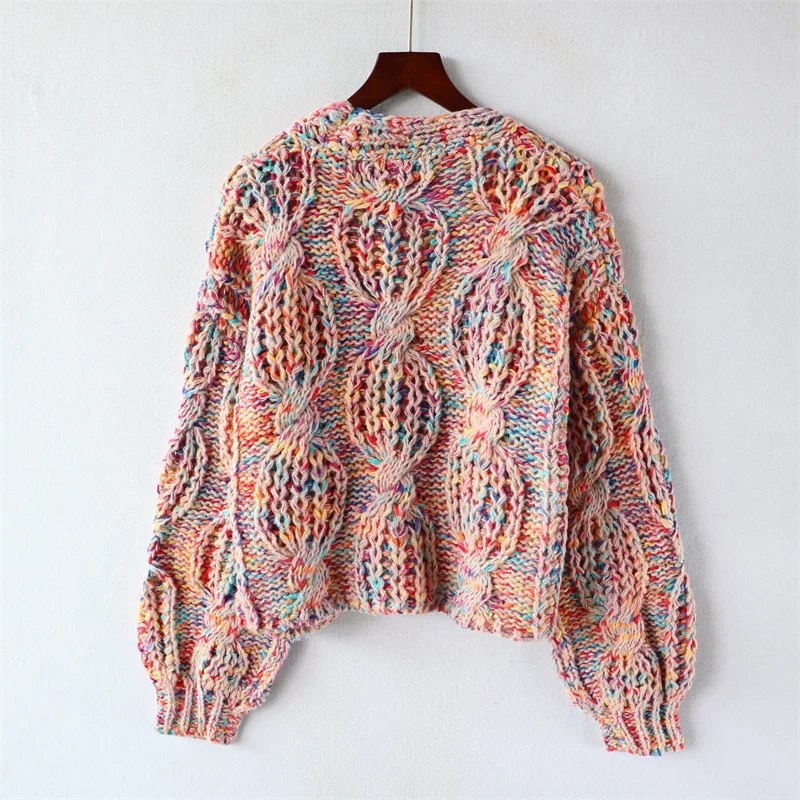 Cable Knit Cardigan Multi Color V-neck Sweater Pullover Loose Long-sleeved Thick Knitted Coat Autumn/Winter Women Knitwear