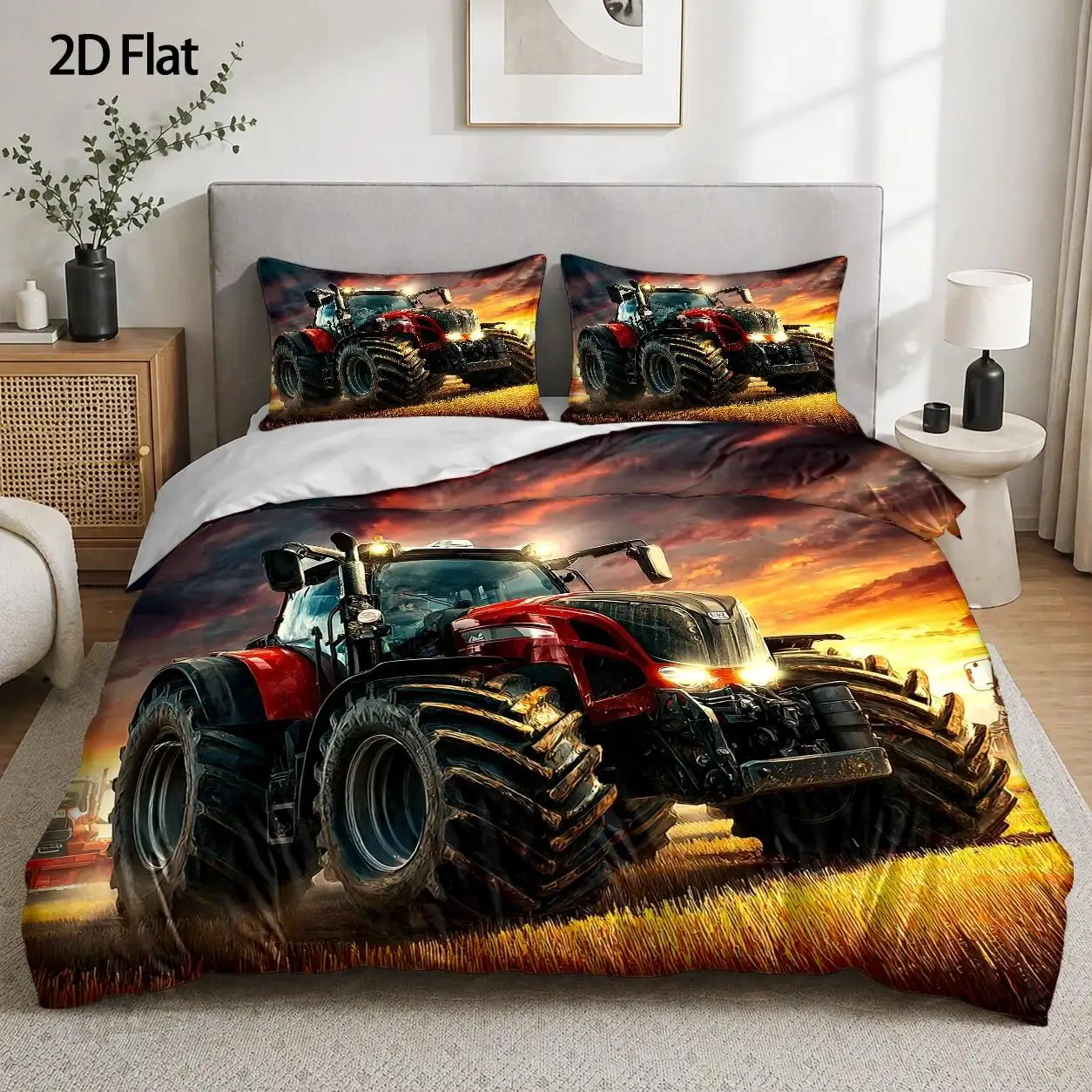 3-Piece Quilt Cover Set, 1 Quilt Cover + 2 Pillowcases (Without Filling), Tractor Driving, Realistic Style, Agricultural Festival, Farm Tools, Field Work, Suitable for All Seasons, Machine Washable, Multi-Purpose, Home, Dormitory, Master Bedroom, Guest Room, for Use on the Bed