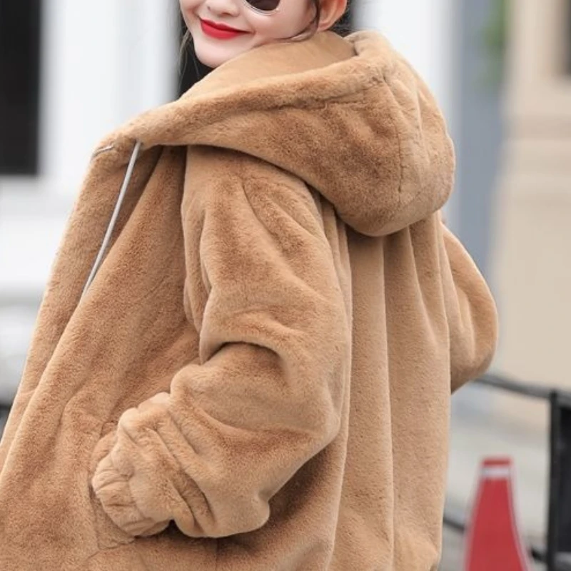 Women's Hooded Coat Winter New Korean Loose Fleece Warm Long Sleeves Fleece Lining Short Coat Zipper Long Sleeves Tops