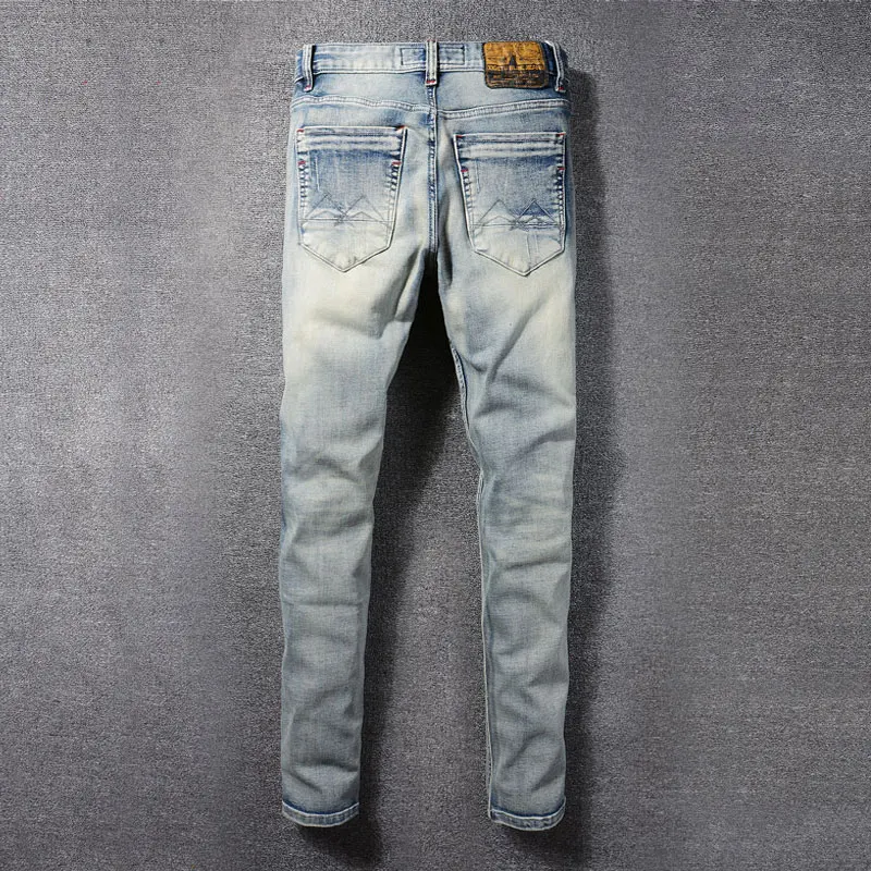 Street Fashion Men Jeans Retro Light Blue Stretch Slim Fit Hole Patched Ripped Jeans Men Embroidery Designer Vintage Denim Pants