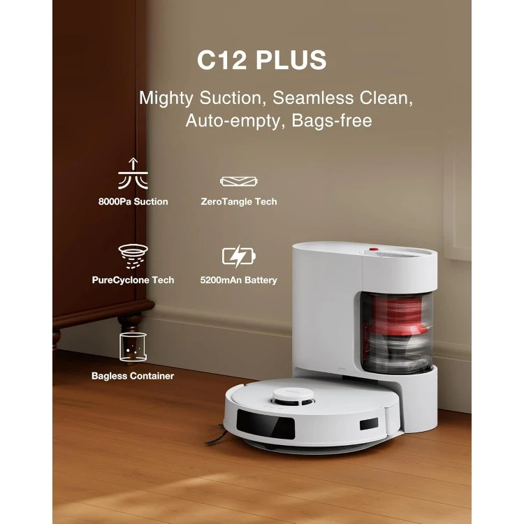 C12 Plus Robot Vacuum and Mop, 8000Pa Strong Suction, 7-Week Dust Storage, Bagless Dust Bin, PureCyclone Tech,