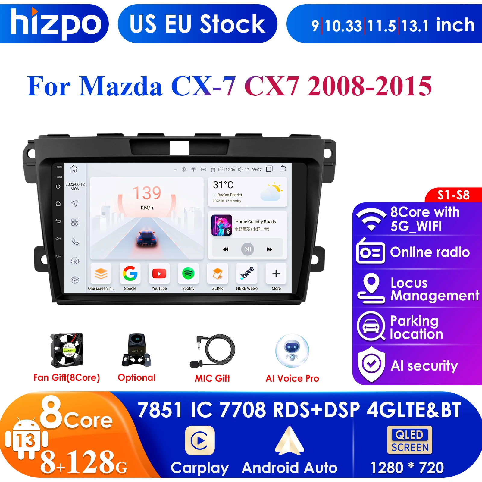 Hizpo 4G 9'' AI Intelligent Systems Wireless CarPlay Android Auto Radio for Mazda CX-7 CX7 2008-2015 Car Multimedia GPS 2din DSP