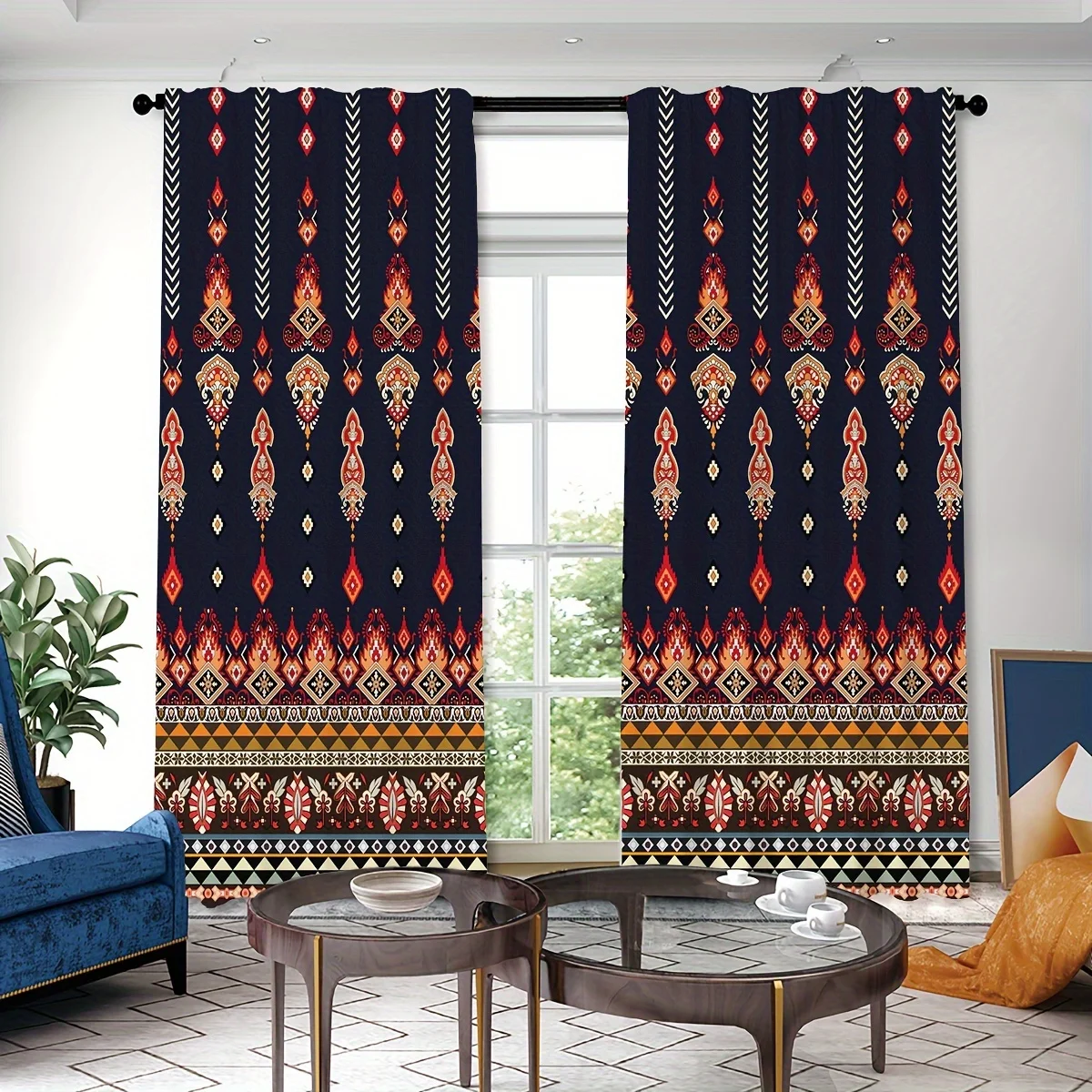 

2pcs Mexican Themed Geometric Pattern Curtains Rod Pocket Curtain For Public Places Living Room Bedroom Office Study Room Home