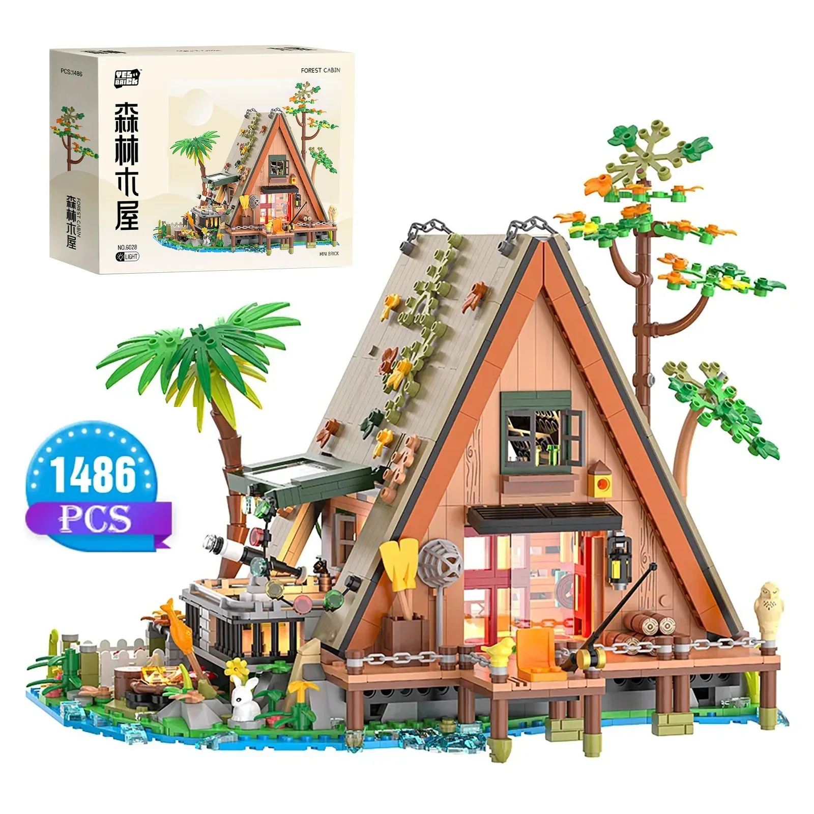 1486 قطعة من مكعبات بناء بيت الغابات مع ضوء LED مجموعة عرض كابينة شجرة مجموعة طوب قابلة للبناء لمحبي الطبيعة والكبار والأطفال #1