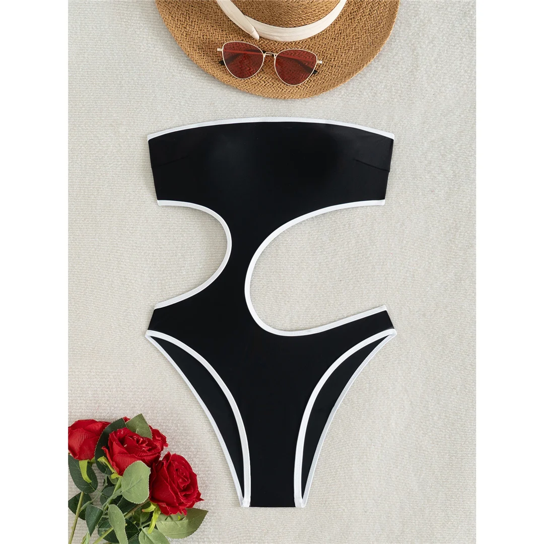 Asymmetrischer Bandeau-Badeanzug mit Cut-Outs, einteiliger Badeanzug für Damen, Badebekleidung für Frauen, Monokini mit hohem Beinausschnitt, gepolsterter Badeanzug, Badeanzug, Modell V7057. – Detail 6