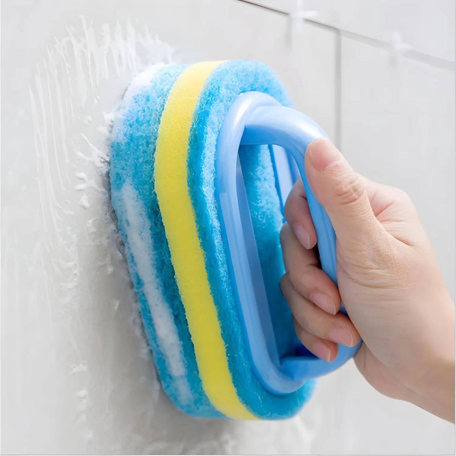 1PC Kitchen Cleaning Brush with Handle - Pot Washing Sponge High-Density Thick Scouring Pad Ceramic Tile Wall Cleaning Brush image 4