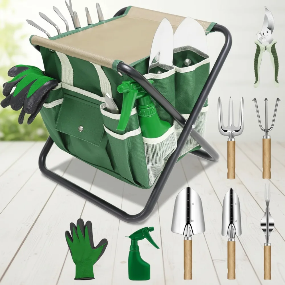 

10-Piece Garden Tool Set with Folding Stool & Storage Bag, Stainless Steel Gardening Tools for Women Men