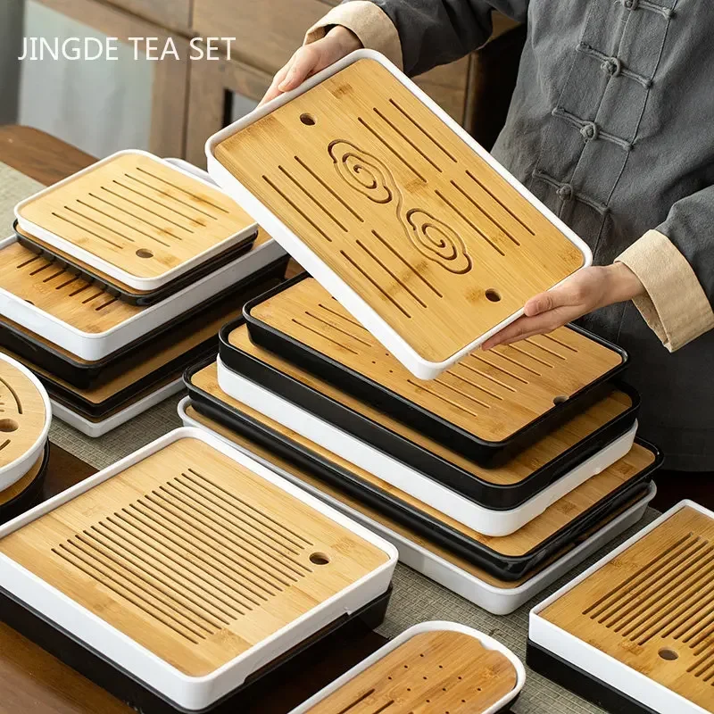 Chinese Natural Bamboo Tray Drainage Water Storage Tea Tray Traditional Tea Set Trays Decorative Household Drawer Tea Board