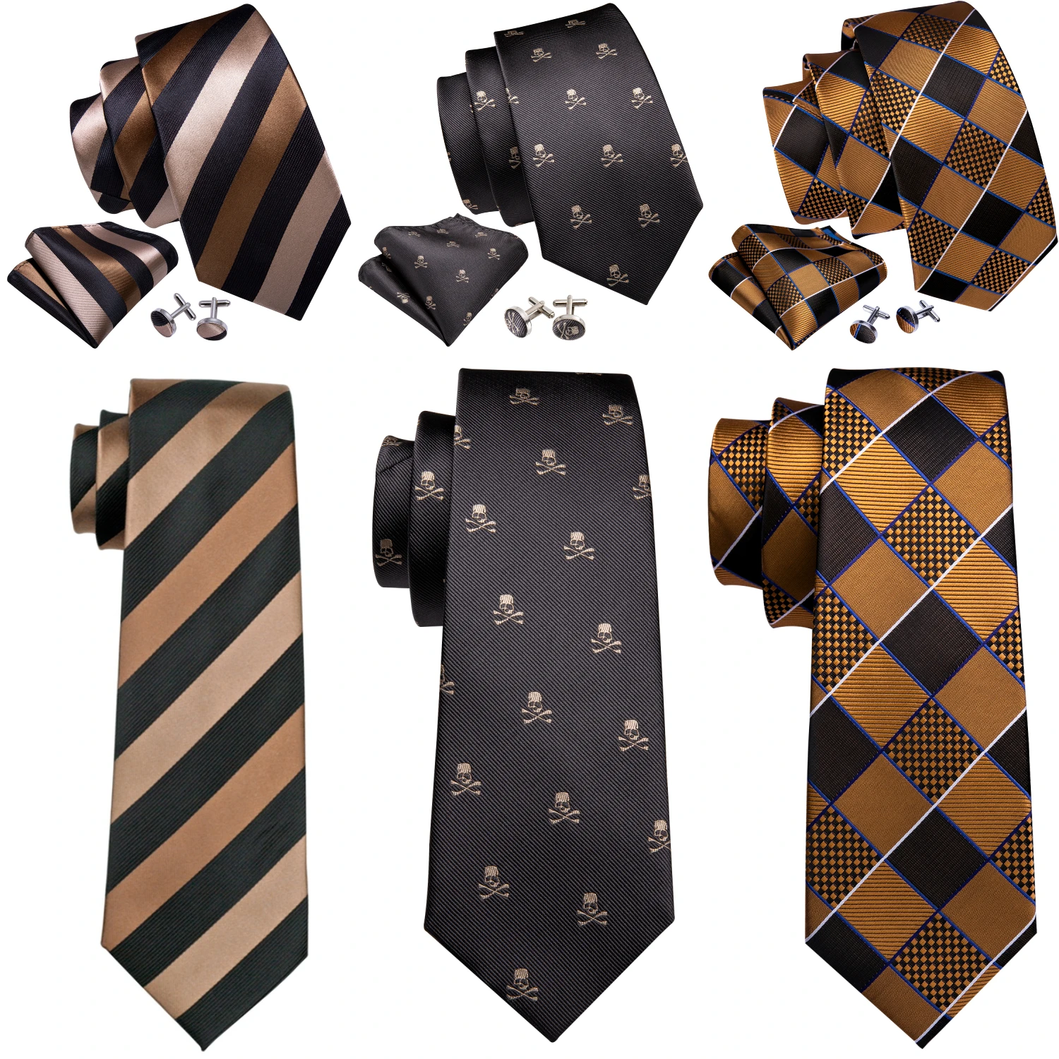 

Barry.Wang Jacquard Brown & Gold Men's Tie With Pocket Square Cufflinks Set Exquisiet Necktie For Male Wedding Business