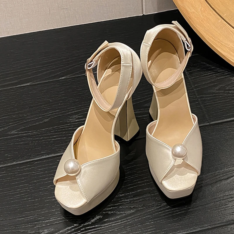 Liyke Brand Fashion White Black Chunky Platform Sandals Women Pearl Design Square Toe Super High Heels Elegant Party Prom Shoes