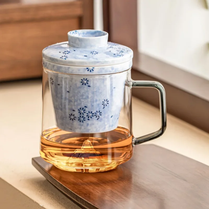 464ML Sprinkled Blue Daisy with Lid Mug High Value Tea Separation Cup Exquisite Hand-painted Glass Office TeaCup Coffee Cup Gift