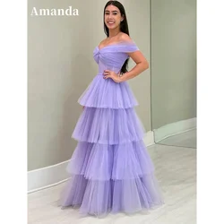 Amanda Lavender Tulle vestidos de noche Off the Shoulder A-line Prom Dresses Elegant Sleeveless Floor-Length  Formal Evening