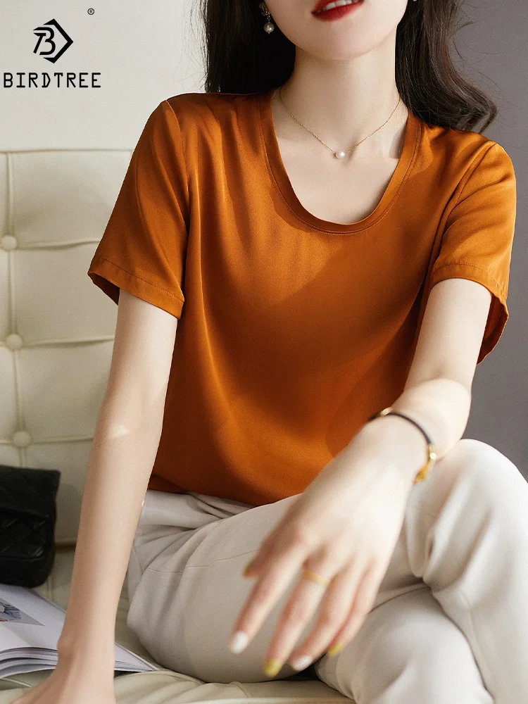 

BirdTree, 92%Mulberry Silk Elegant TShirt, Women O-Neck Solid, Fashion Simple Vintage OL Blouses, 2024 Summer Autumn T47808QM