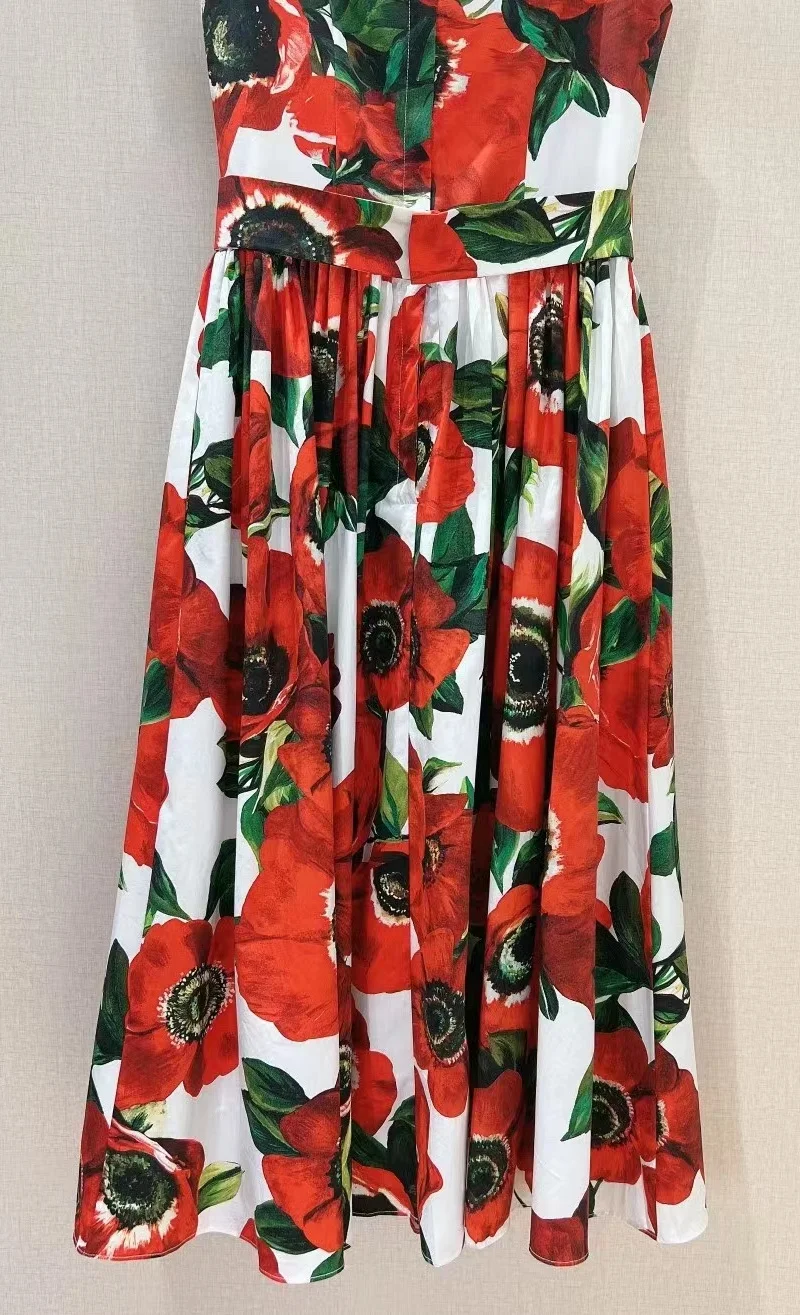 Abito con cinturino nuovo di alta qualità 2024 eventi per feste di moda estiva Lady Red Floral Prints abito da spiaggia Casual senza maniche con bottoni sul davanti