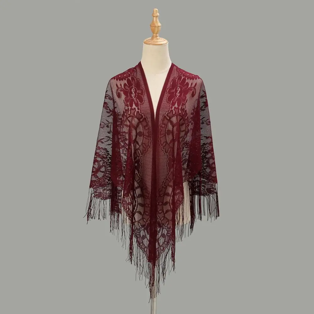 Tassel Patchwork V-Neck Cardigans Women Vintage Shawl Party Dinner Top Scarf Shawls Mesh Cloak Capelet Fringes