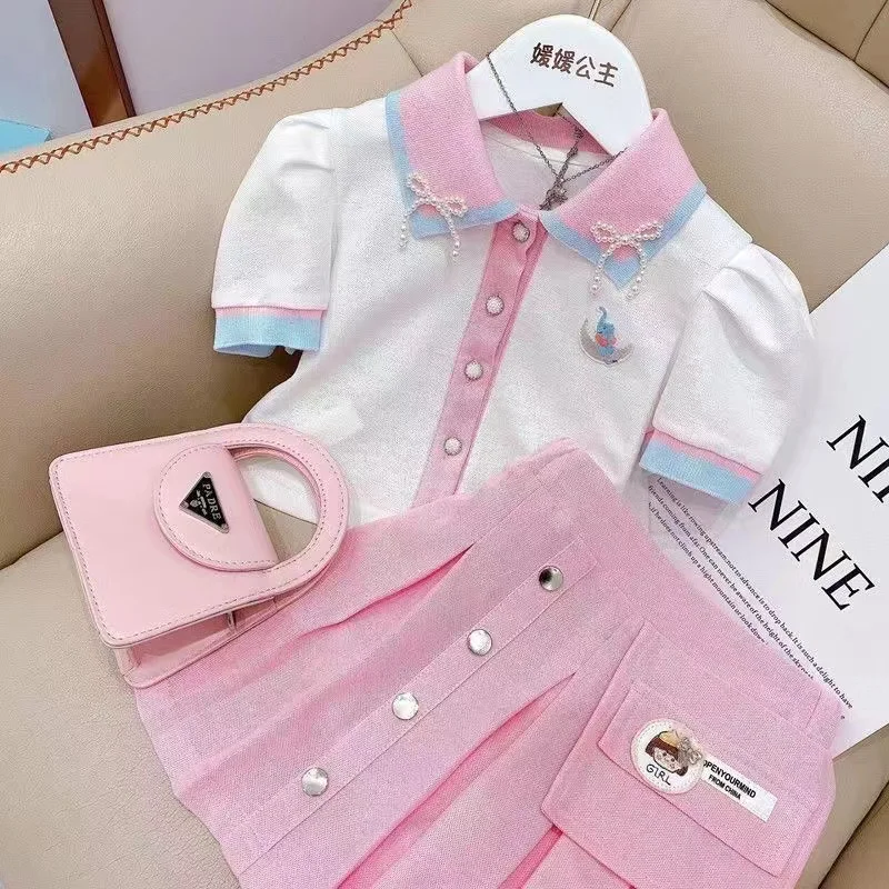 Girls' Small Fragrance Set 2024 New Polo Collar Spliced Summer Short Sleeve Pleated Skirt Two Piece Set Trendy